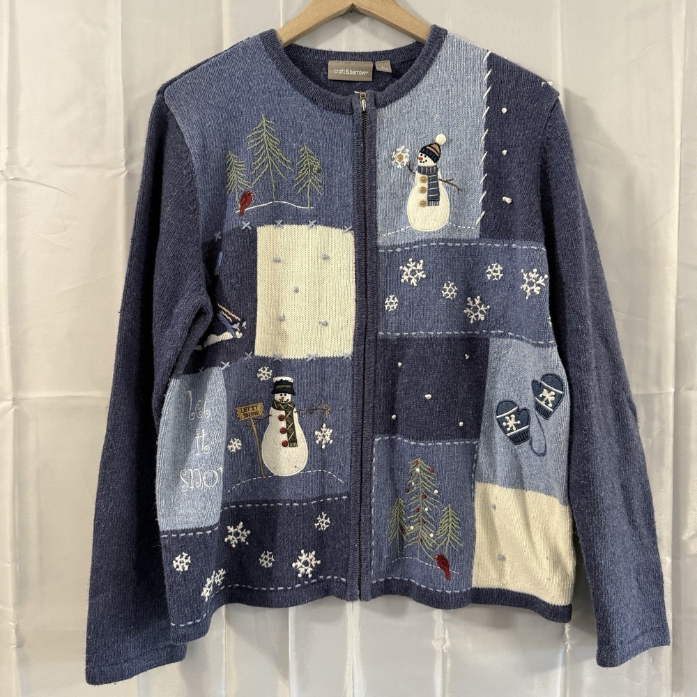 Vintage Womens L Ugly Christmas Sweater Patches Blue Front Zip Snowman Granny